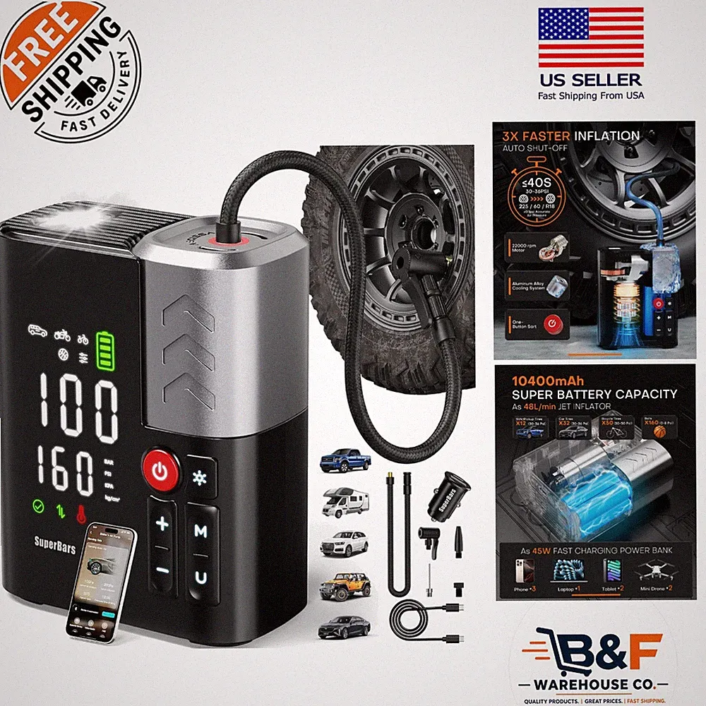 Quick Inflation Tire Compressor - 48LPM, Long Battery Life, Multi-Use Design